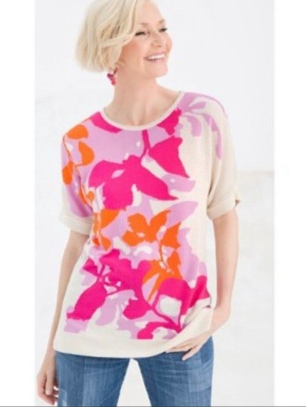 Chico’s Floral Intarsia Pink Lotus Petal Pullover Tunic Sweater ** Size Medium